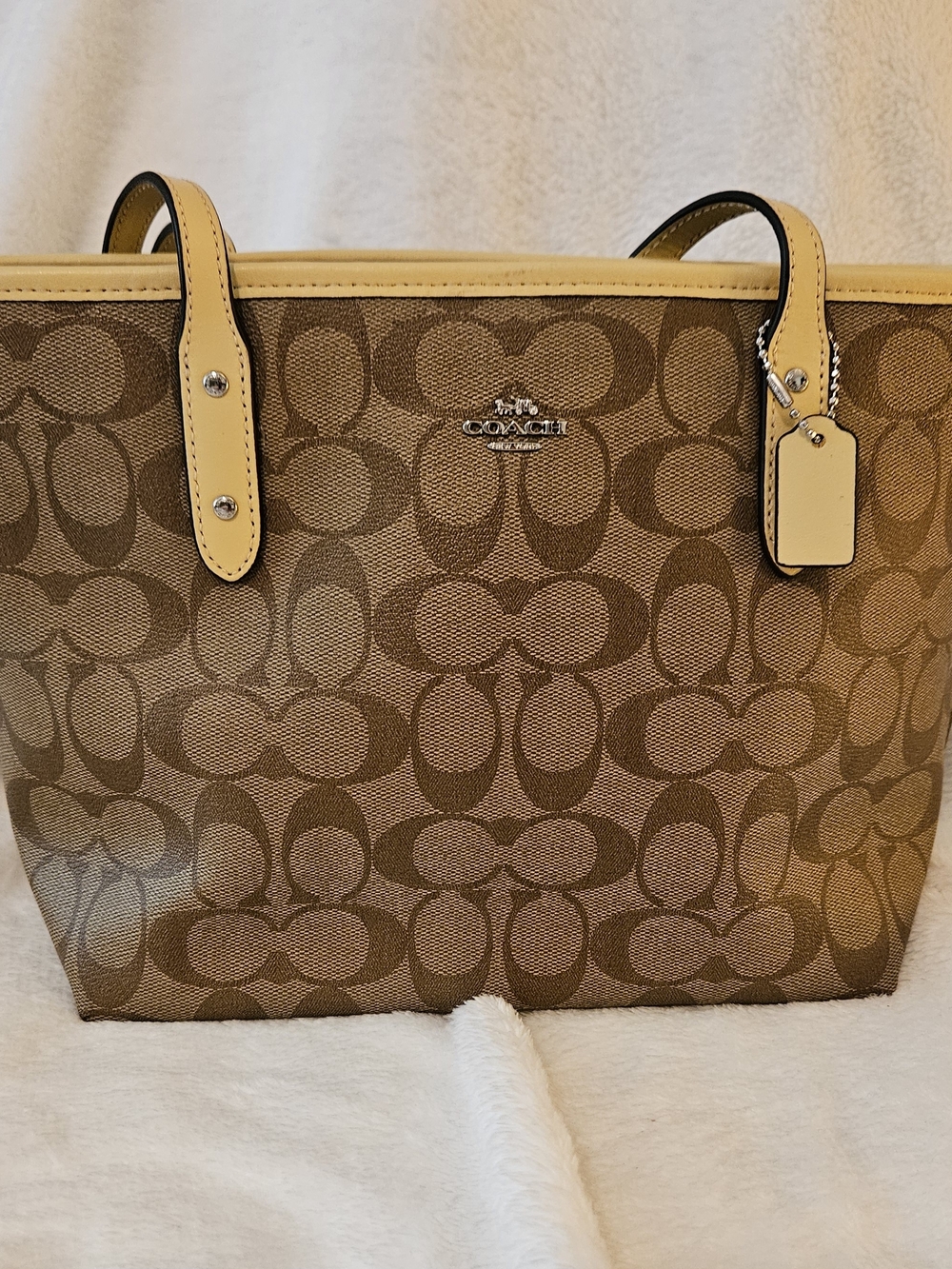 Coach Signature Canvas Tote in Brown with Yellow Trim